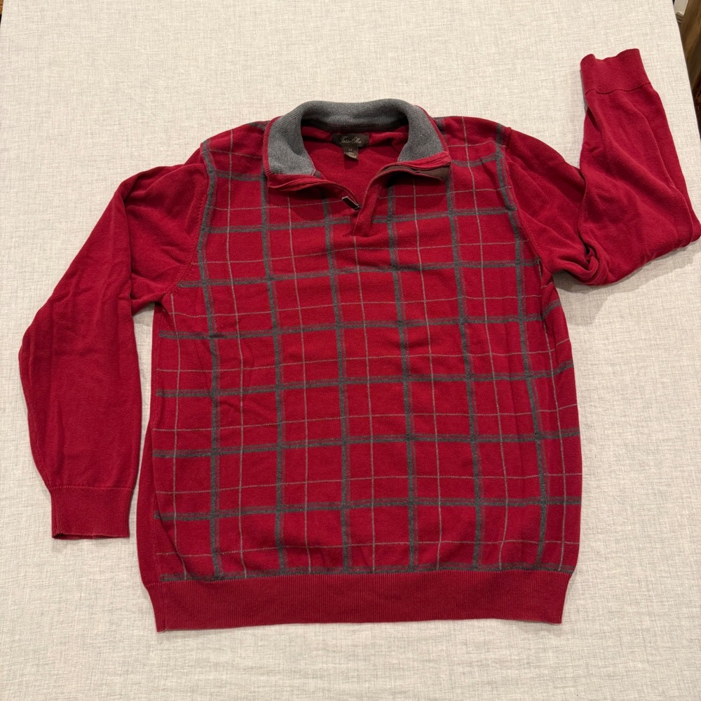 Tasso Elba Mens Red Plaid Quarter Zip Sweater Cotton Blend Size M Mock Neck